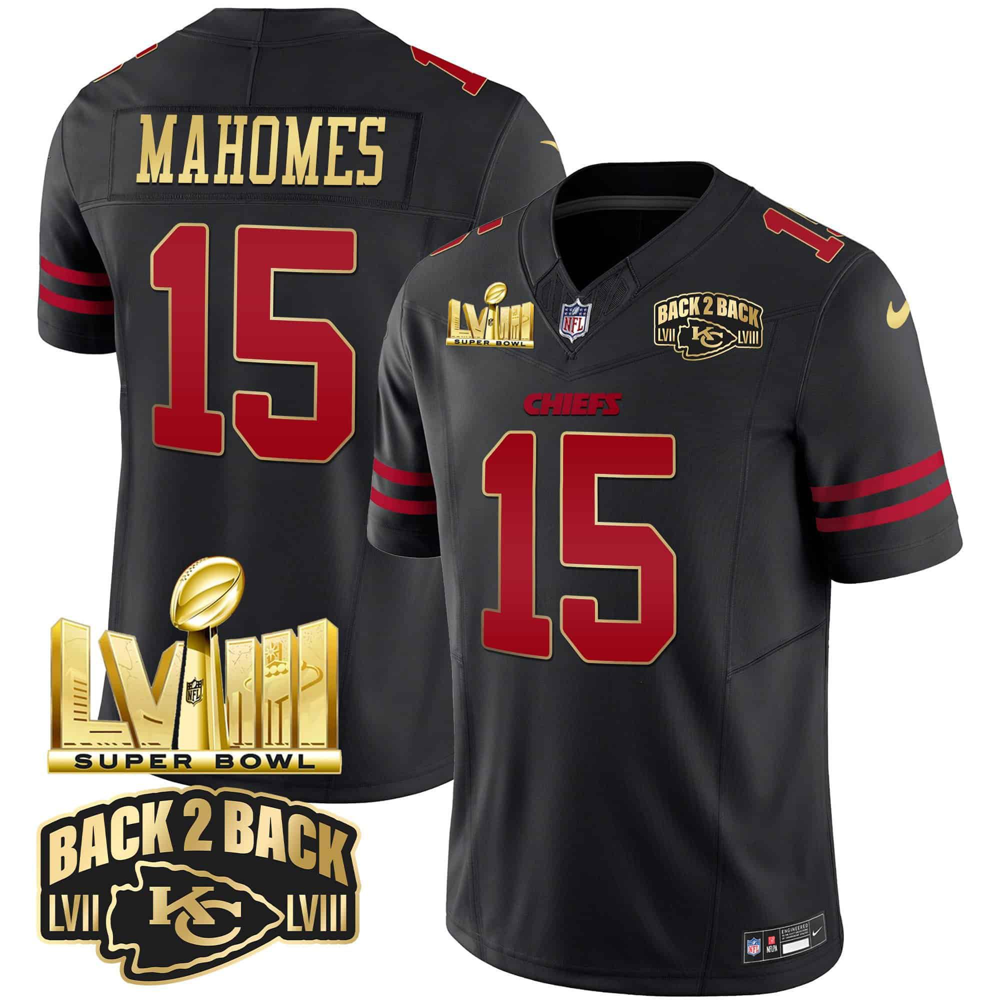 Men Kansas City Chiefs #15 Mahomes Black 2024 Nike Super Bowl LVIII & Back-2-Back Gold Patch Vapor NFL Jersey style 1->indianapolis colts->NFL Jersey